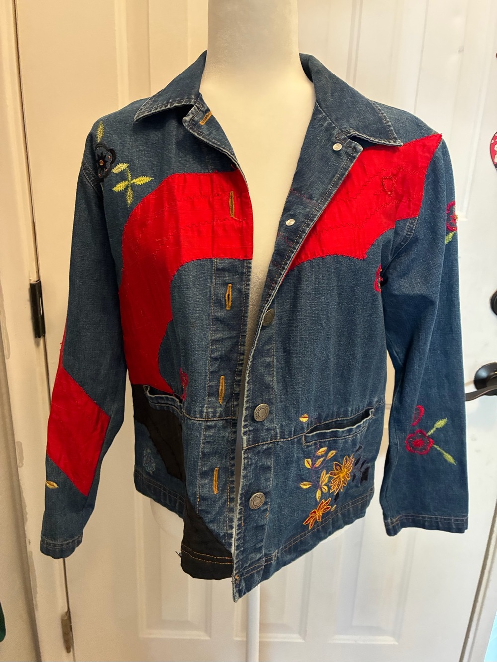 Chico's Blue Denim Jacket with Red Patchwork & Floral Embroidery